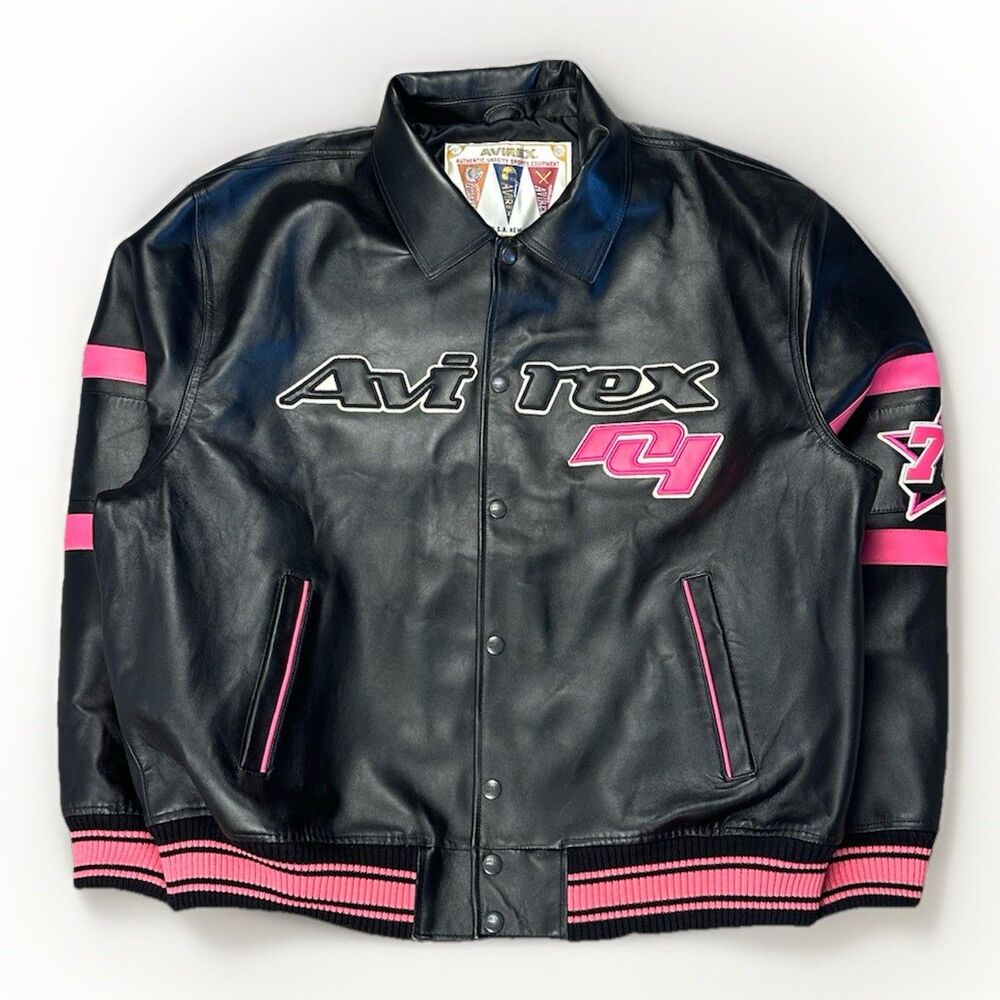 NEW XXXL Avirex Hardies NYC Lamb Leather Black Pink Authentic Bomber Jacket Coat - Picture 3 of 13